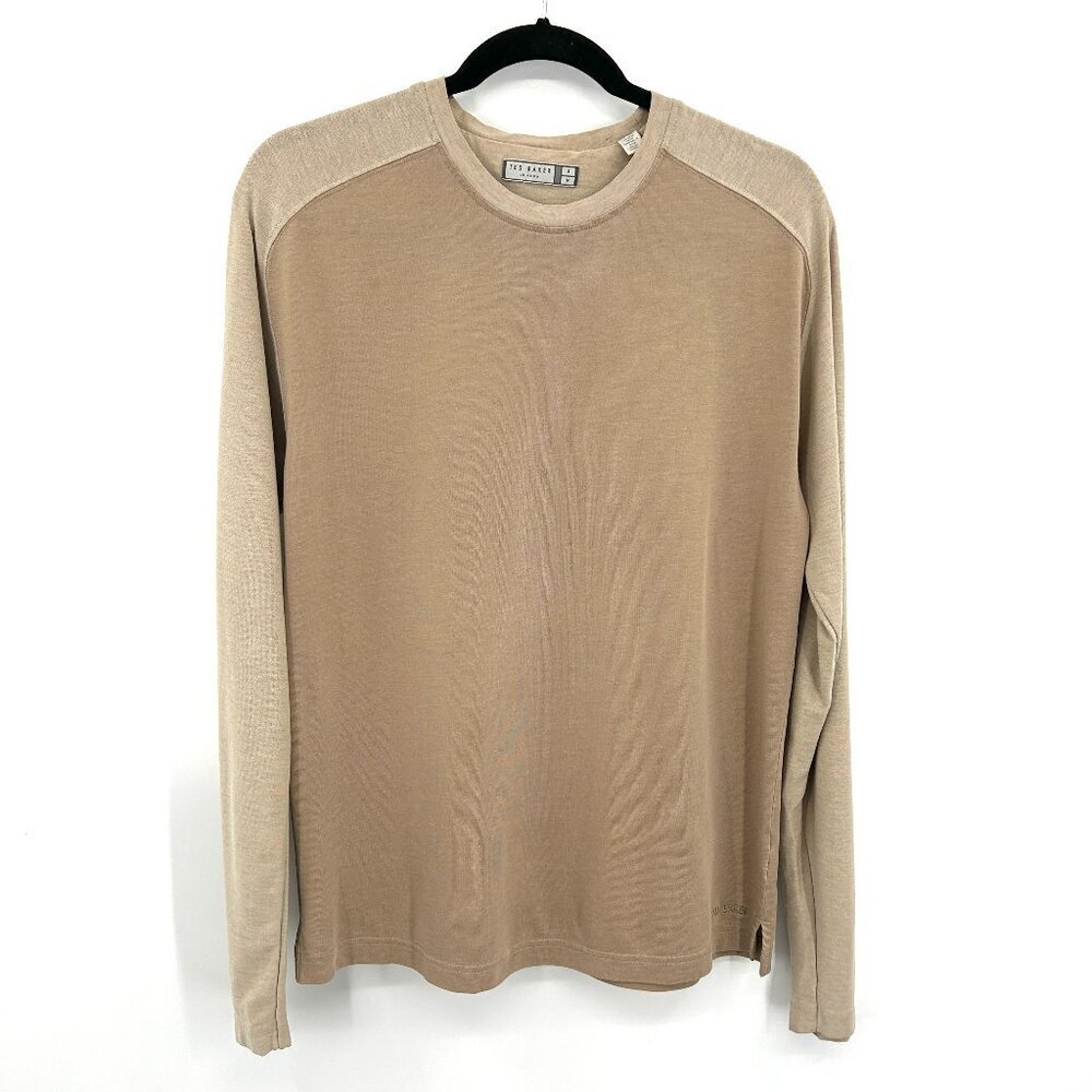 TED BAKER Men's Basic Tan Beige Long Sleeve Crew Neck Casual Shirt Size Medium